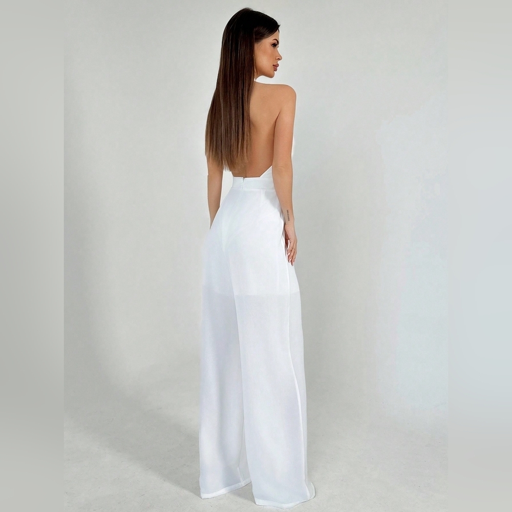 White Halter Neck Tie Waist Pleated Backless Plain Street - Picture 5 of 5